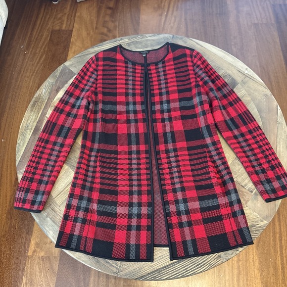 Talbots Sweaters - Talbots Cardigan Sweater Open Front Red Black Gray Tartan Plaid Cotton Knit
